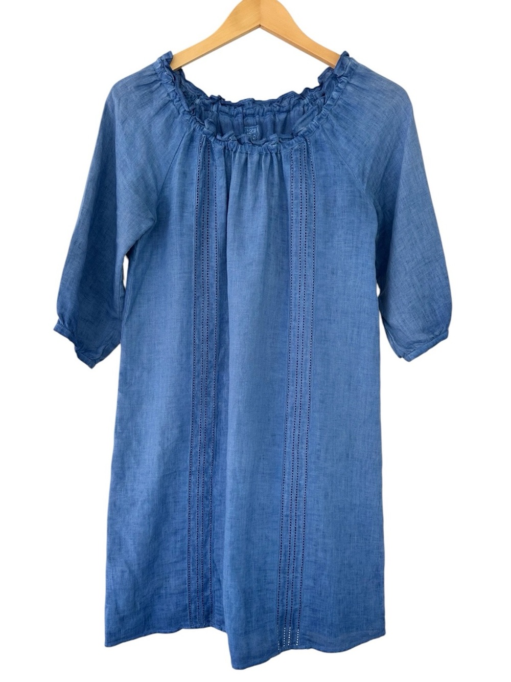 120% Lino • Italian Blue Linen Ruffle Neck Shift Dress